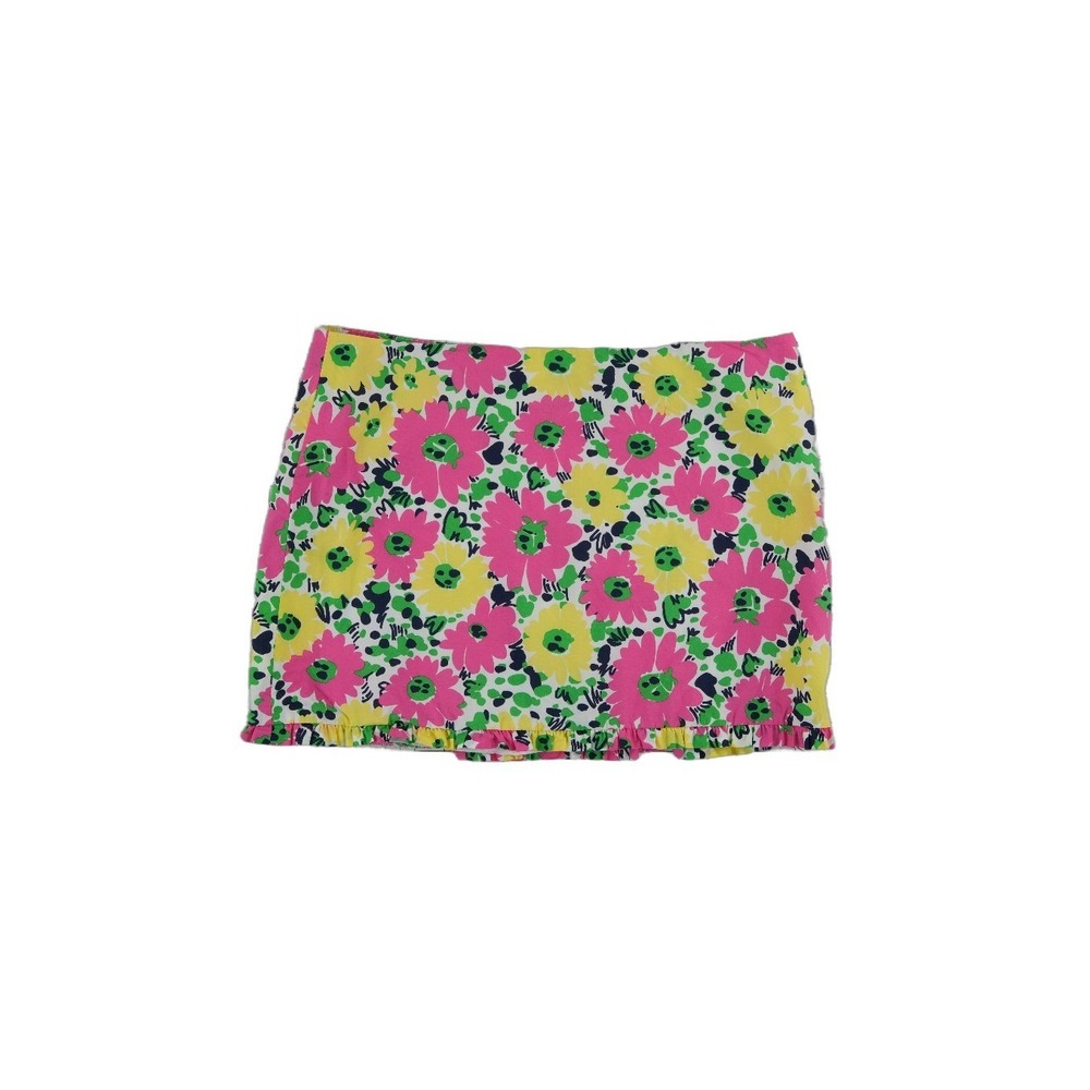 Lilly Pulitzer Mini Skirt Womens Size 8 Pink Yellow Floral Ruffle 100% Cotton